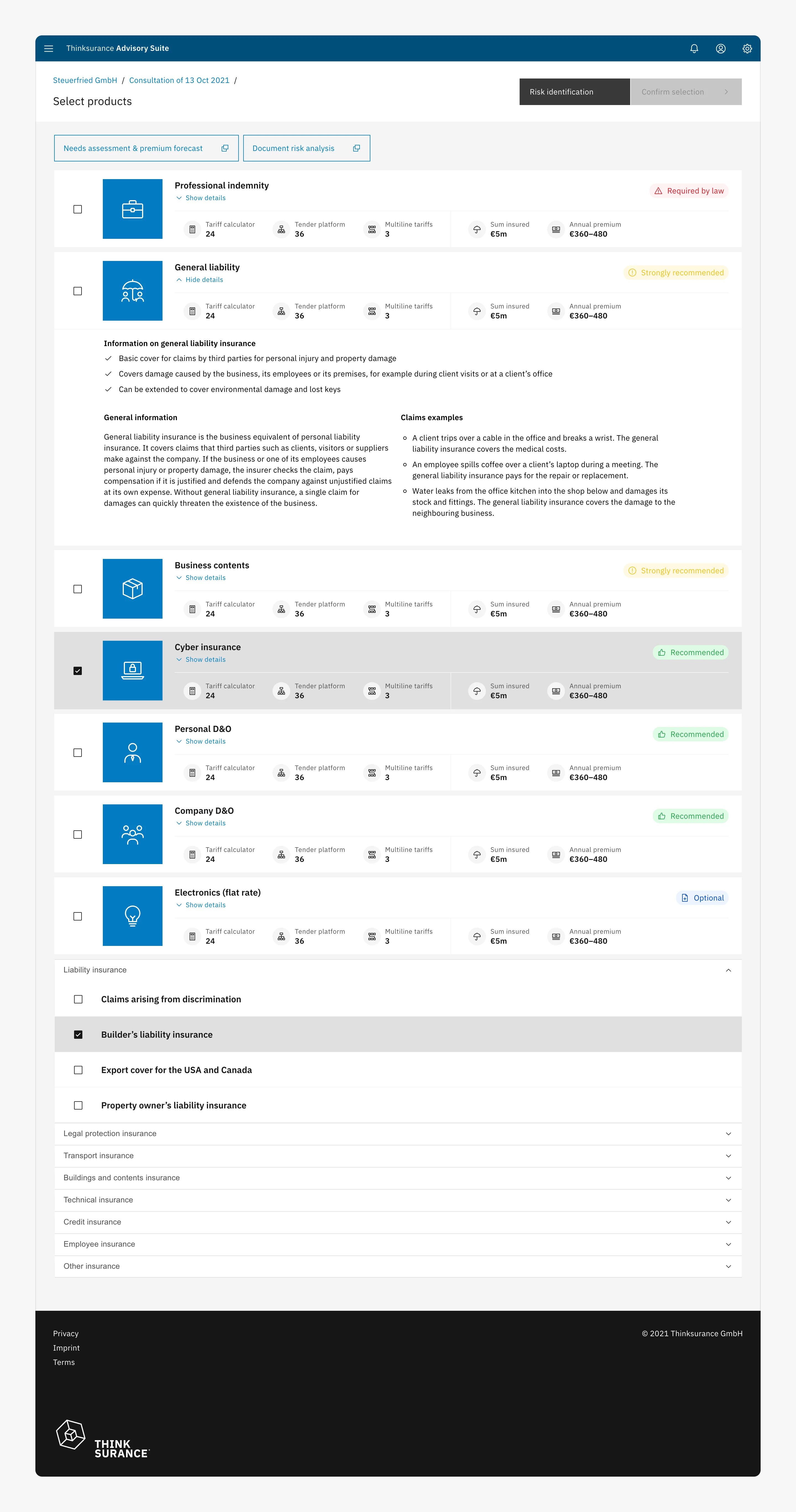 The shipped product page: seven product cards with badges from Required by law to Optional, one expanded, and a multi-select checkbox on each