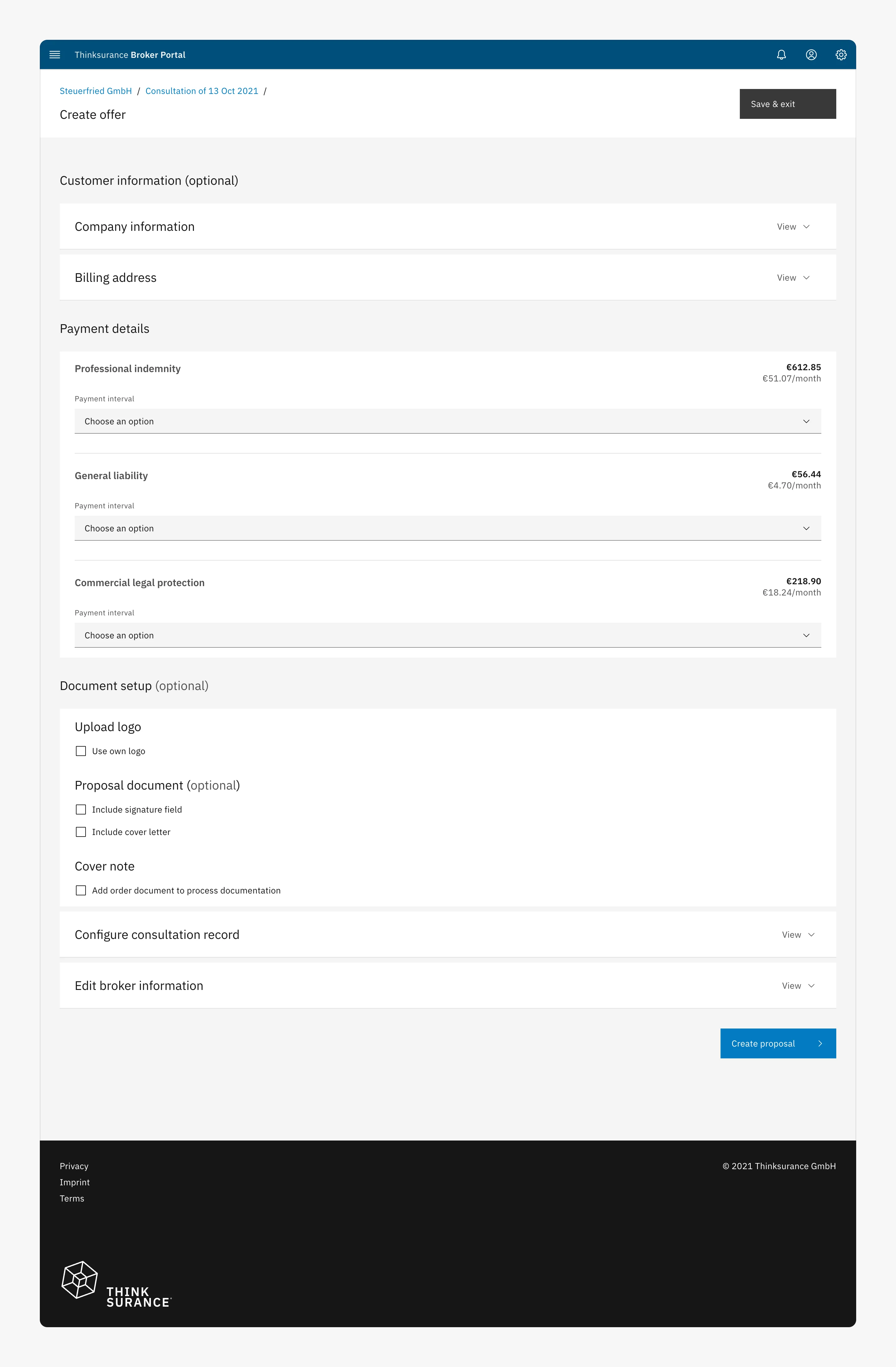 The one-page proposal form with collapsed customer information, payment details for three products and document options