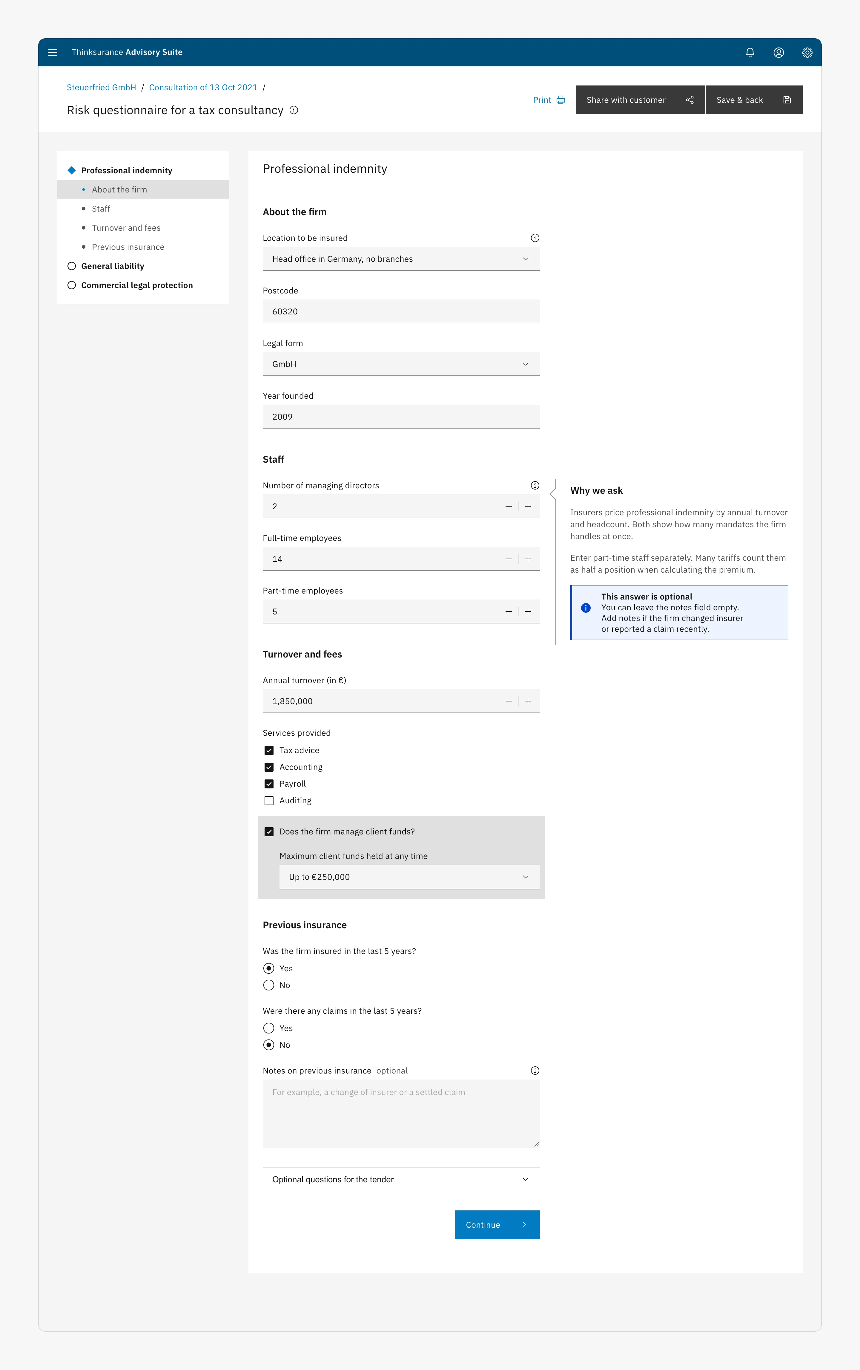 The shipped risk questionnaire for a tax consultancy: a side menu of products and categories, the form, and a help panel explaining why the questions are asked