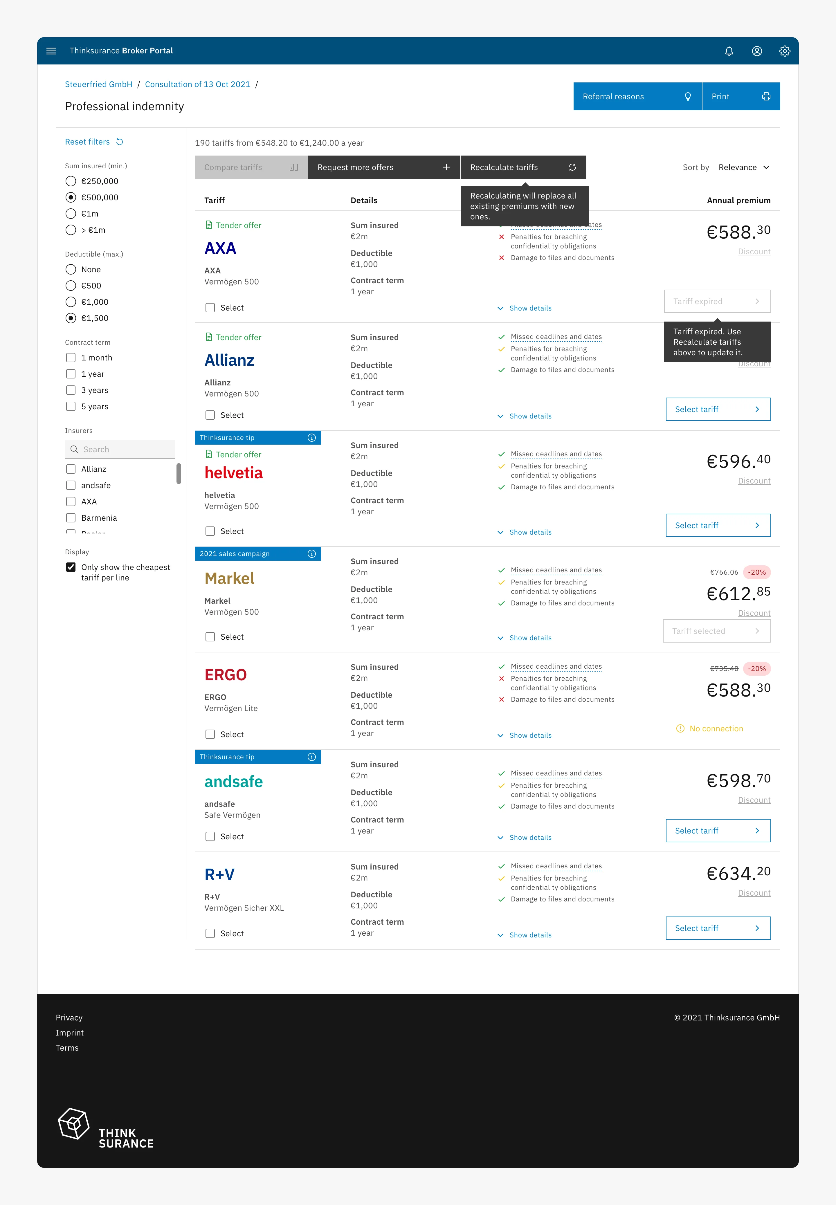 The shipped results page for professional indemnity: filters on the left, a toolbar with compare, request more offers and recalculate, and seven tariffs with their premiums