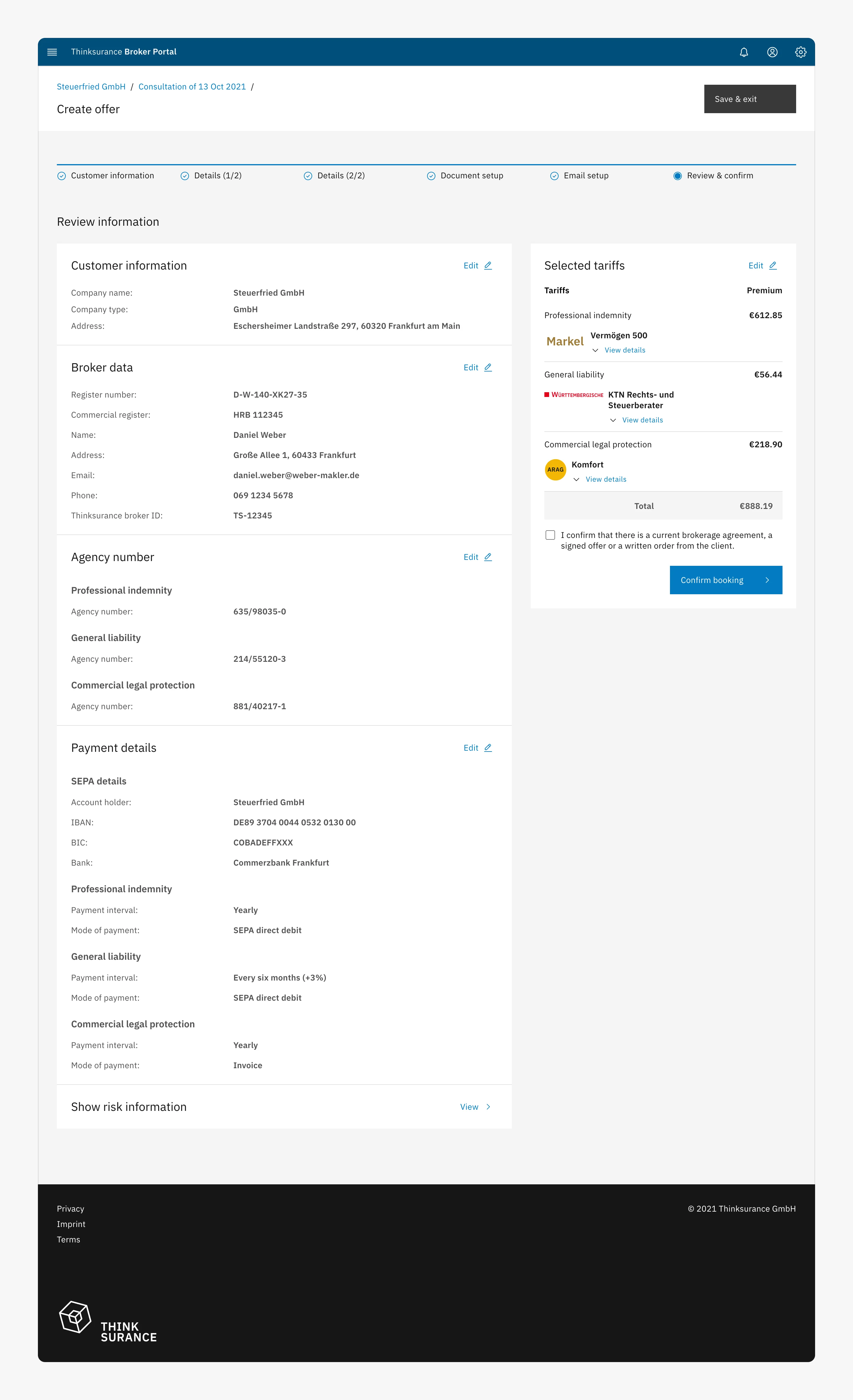The cover-note review page: customer, broker, agency and payment details with edit links, and the selected tariffs totalling €888.19 with a confirmation checkbox