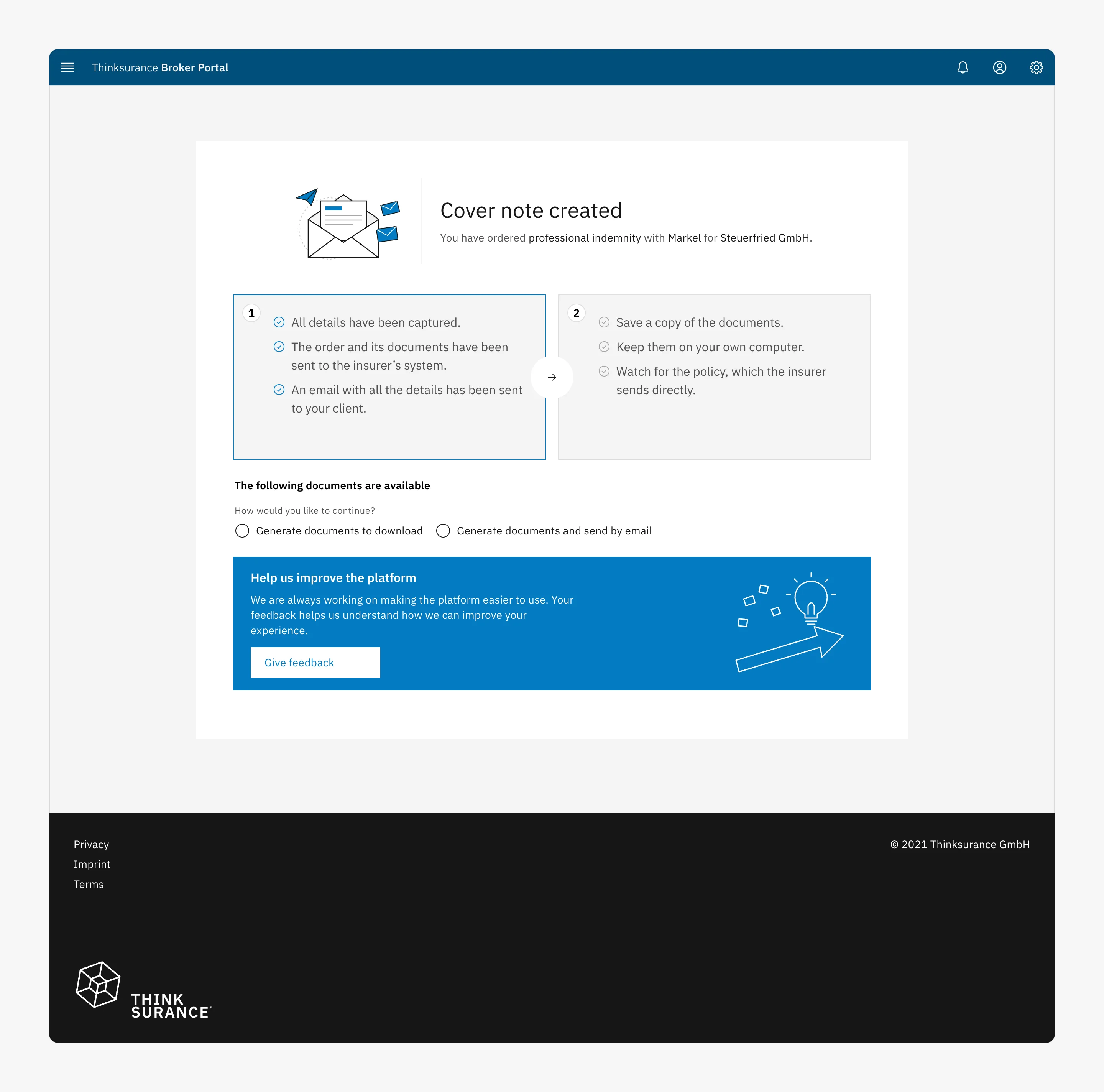 The success page after creating a cover note: completed steps, next steps, a choice to download or email documents, and a feedback banner